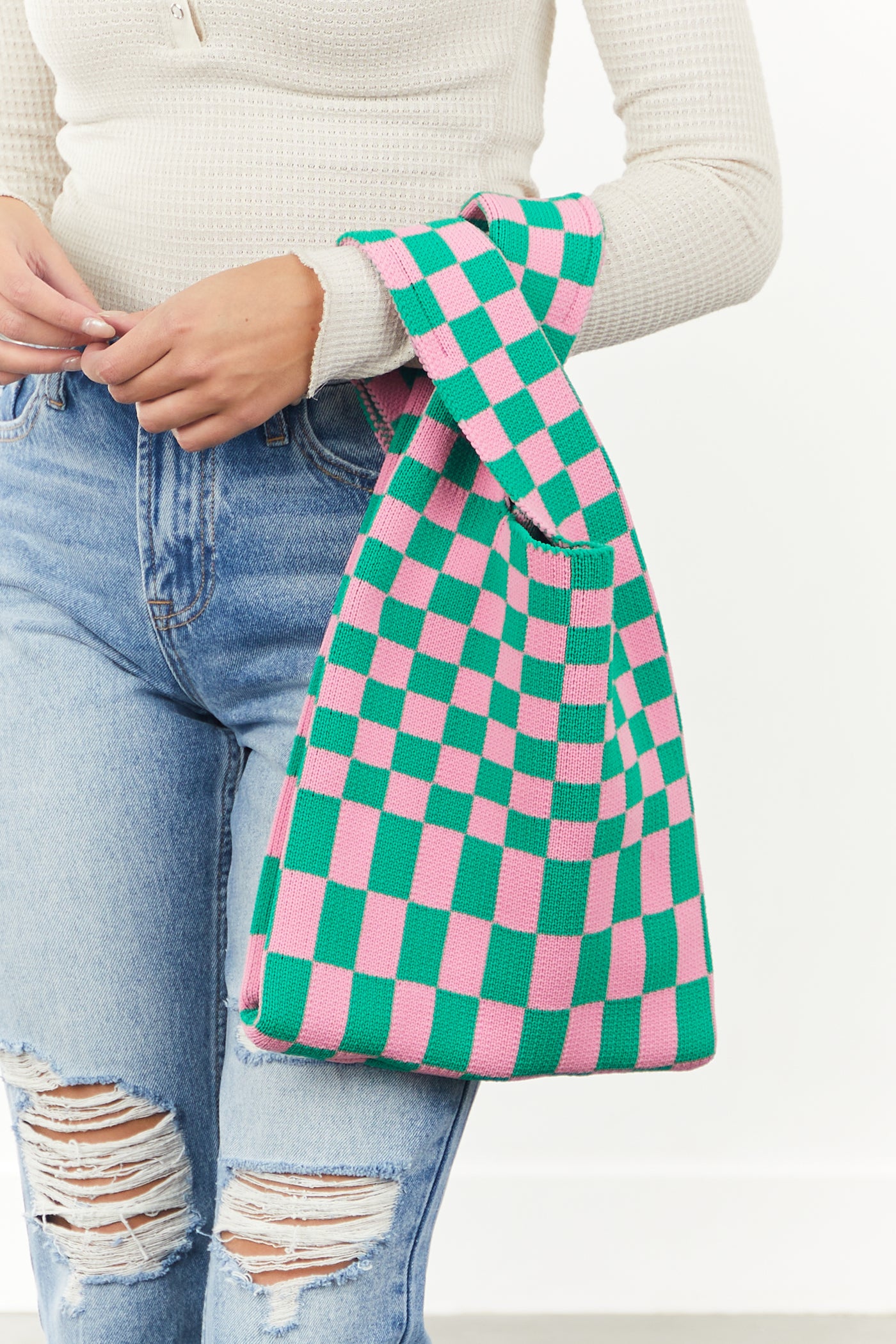 Baby Pink and Jade Checkered Knit Handbag