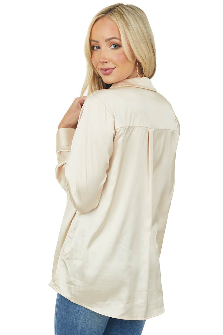 Beige Button Down Long Sleeve Satin Blouse