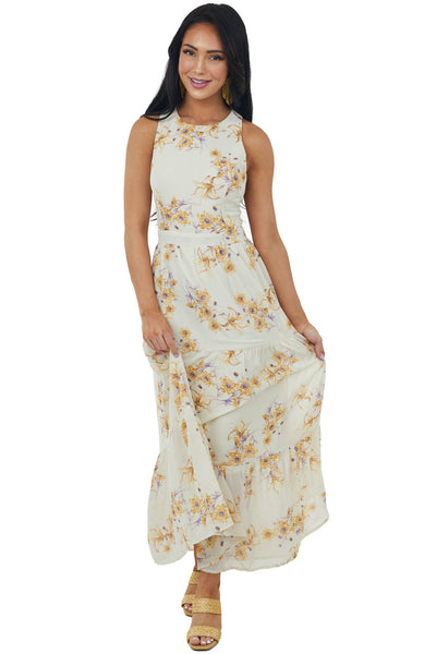 Beige Floral Criss Cross Open Back Maxi Dress