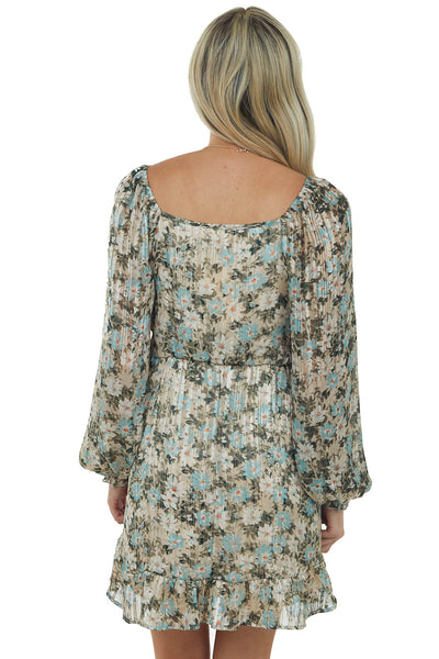 Beige and Arctic Blue Floral Print Short Dress