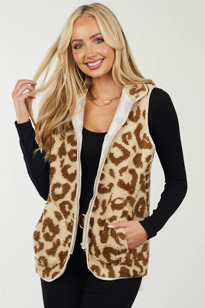 Beige and Sepia Leopard Print Sherpa Vest