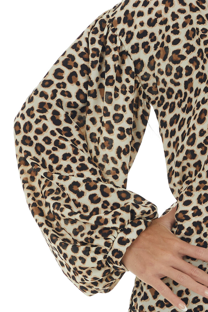 Beige Leopard Print Long Puff Sleeve Woven Top