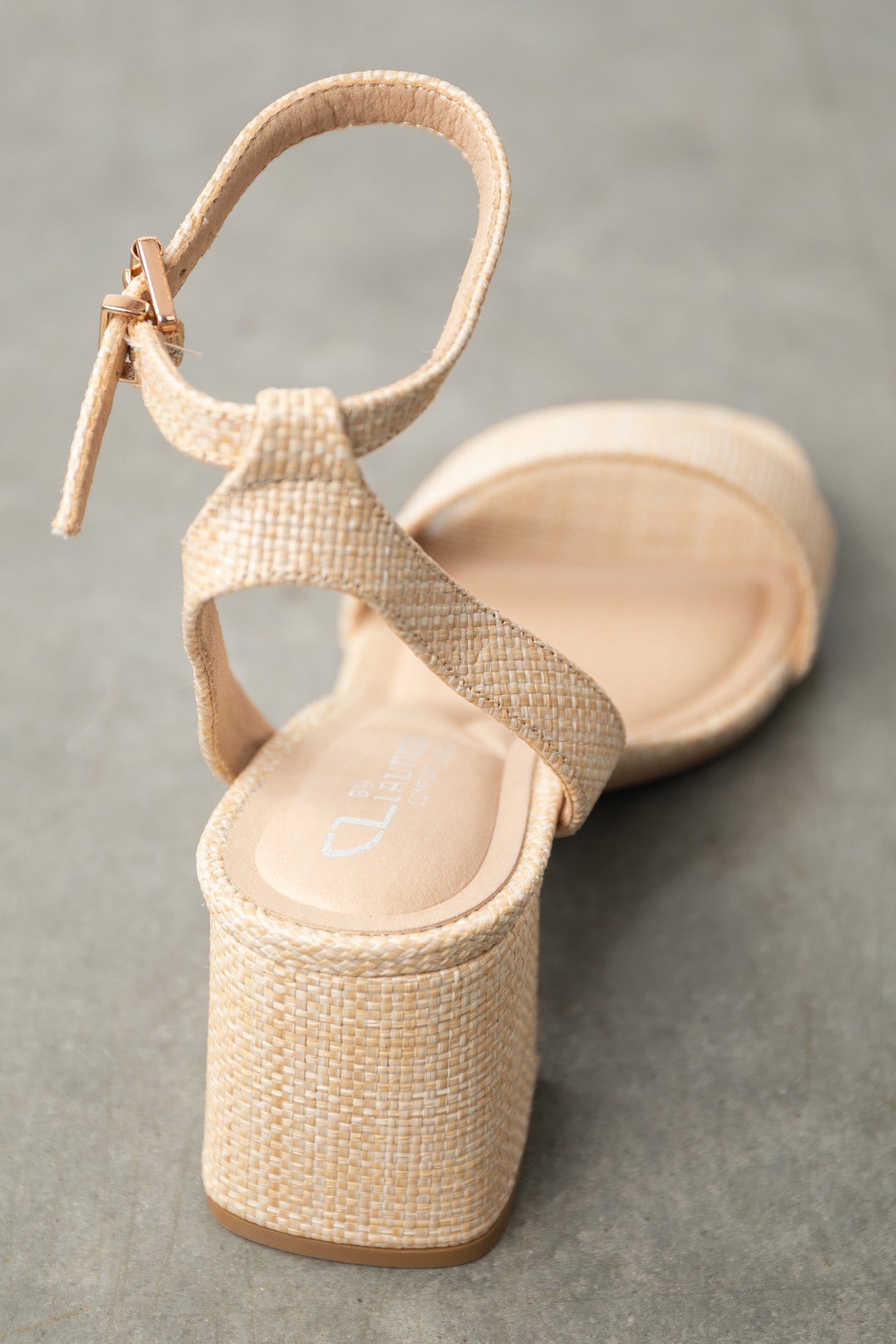 Beige Woven Straw Block Heels with Ankle Strap