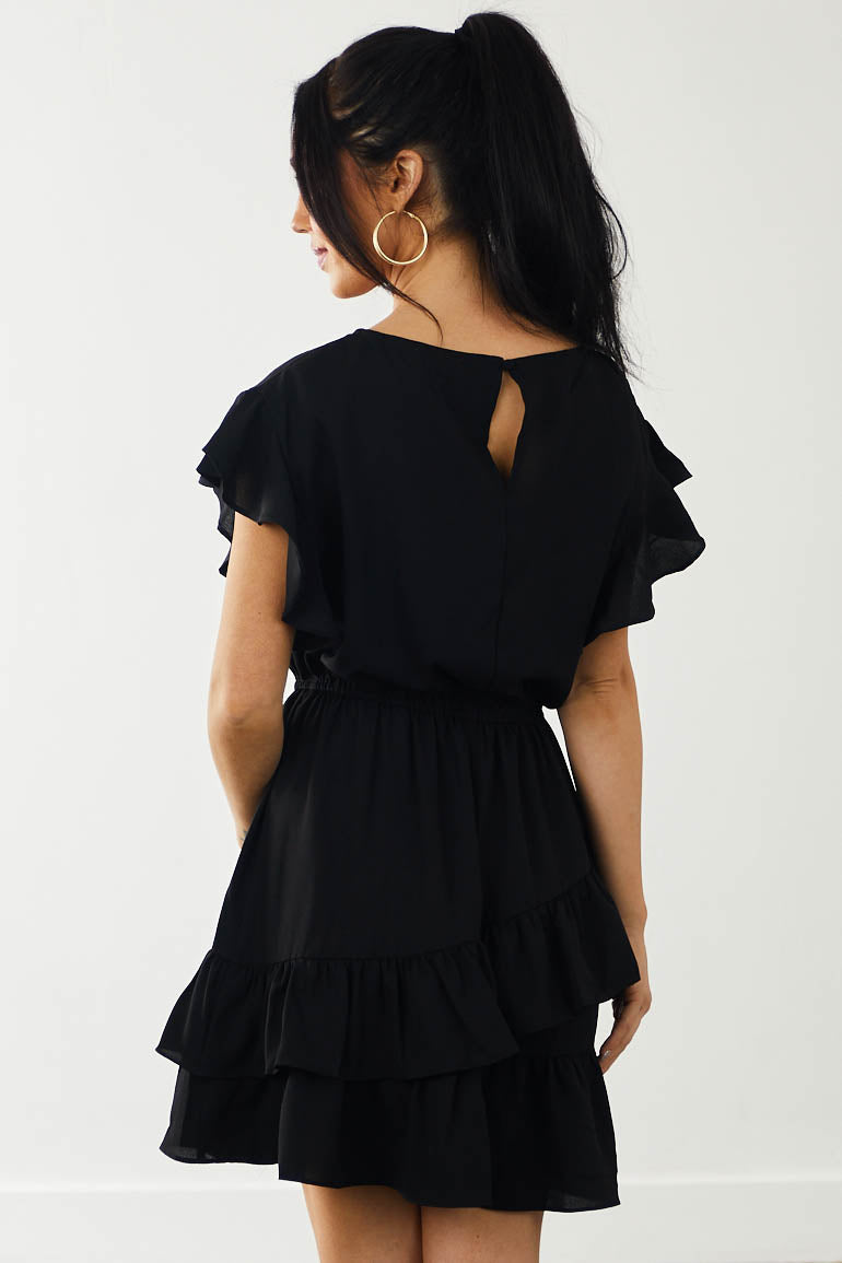Black Asymmetrical Ruffle Overlay Mini Dress