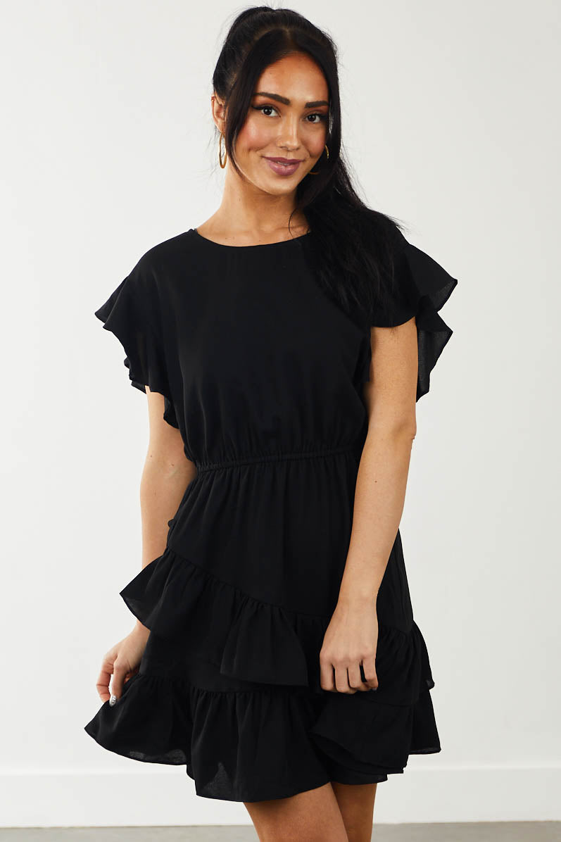 Black Asymmetrical Ruffle Overlay Mini Dress