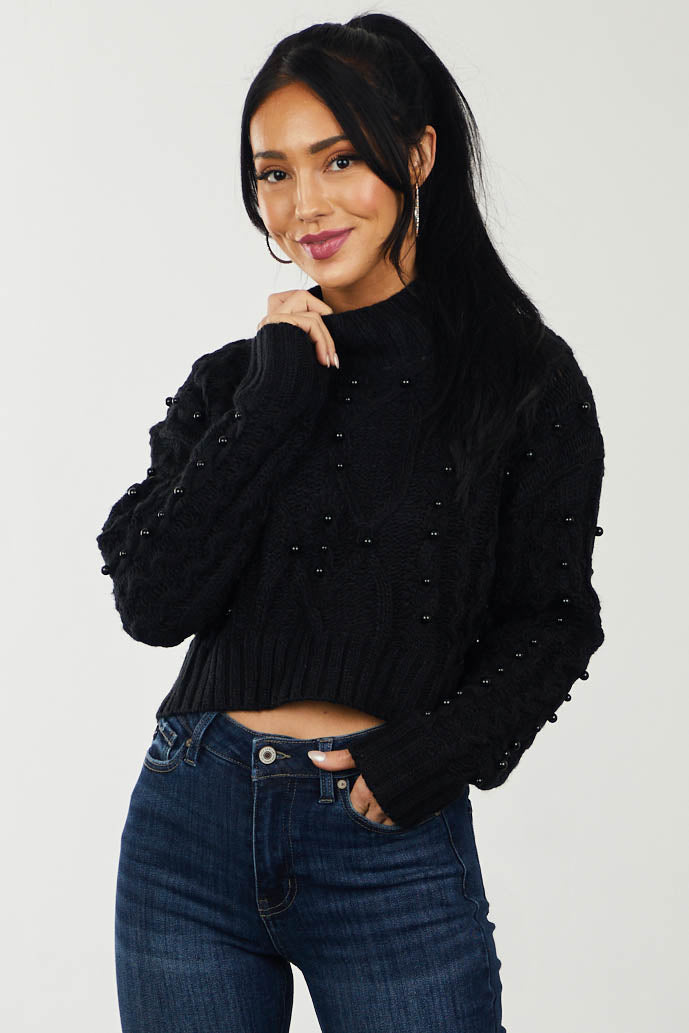 Black Beaded Cropped Cable Knit Sweater