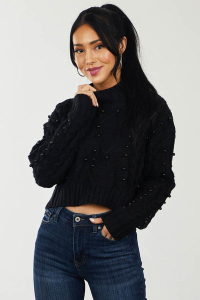 Black Beaded Cropped Cable Knit Sweater | Lime Lush