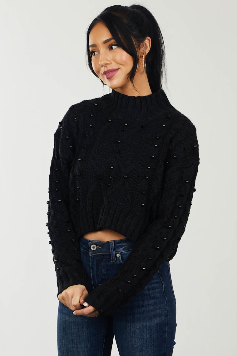 Black Beaded Cropped Cable Knit Sweater