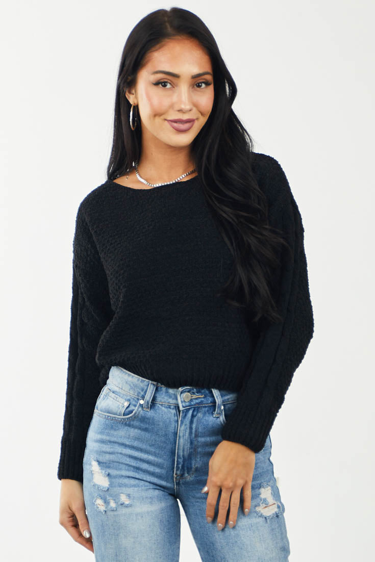 Black Boat Neck Thick Knit Chenille Sweater
