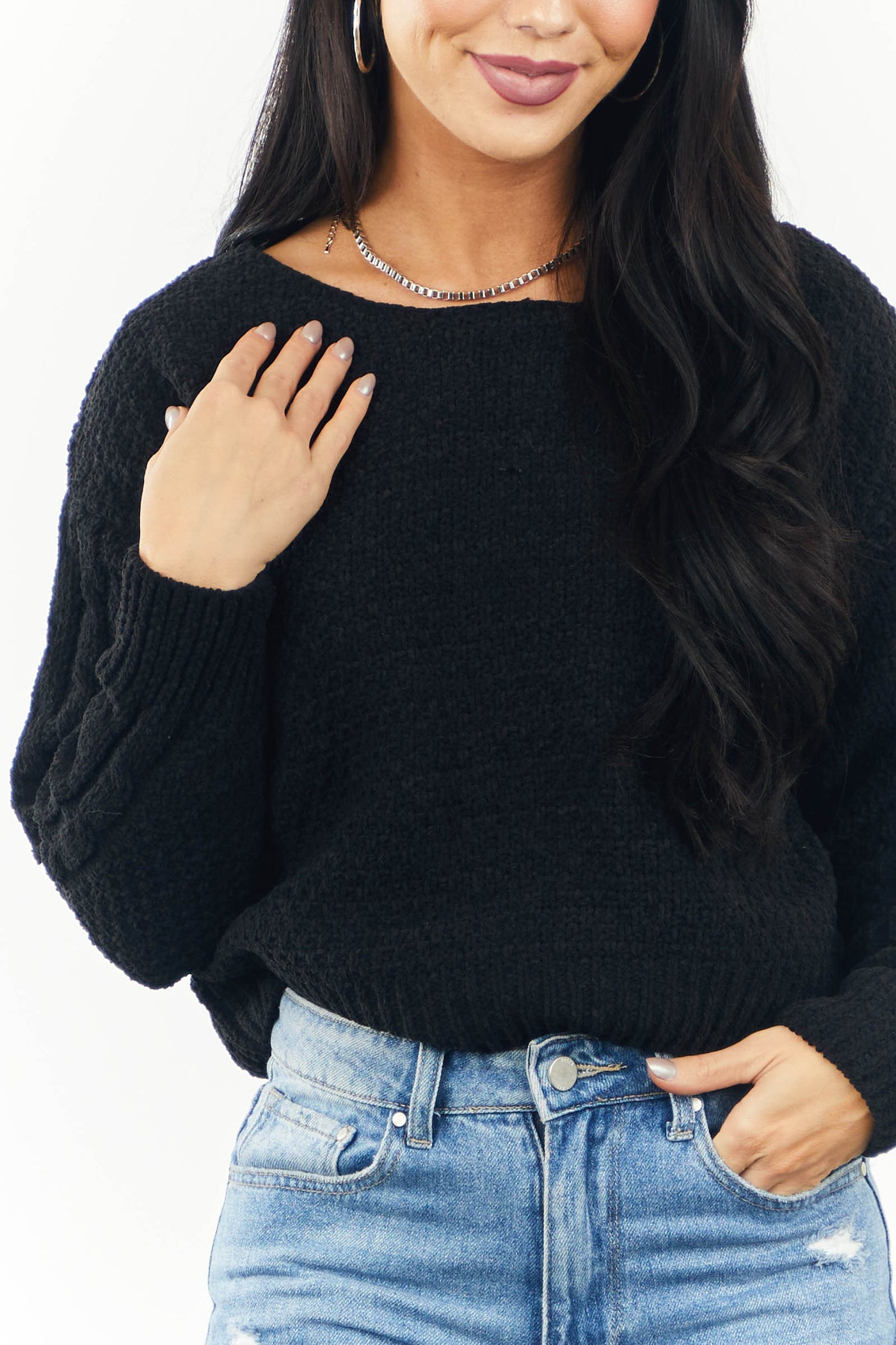Black Boat Neck Thick Knit Chenille Sweater