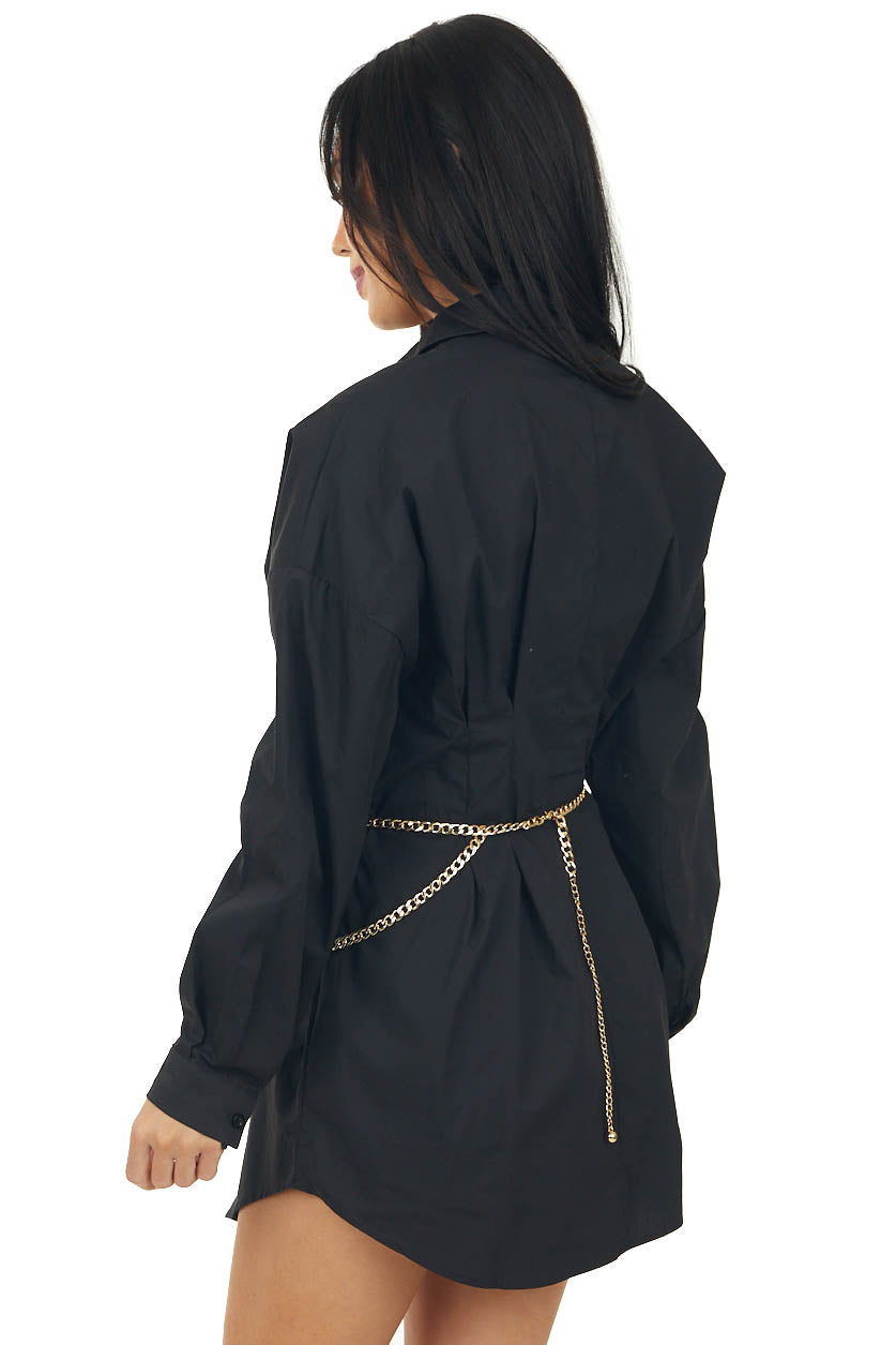Black Button Up Long Sleeve Collard Mini Dress