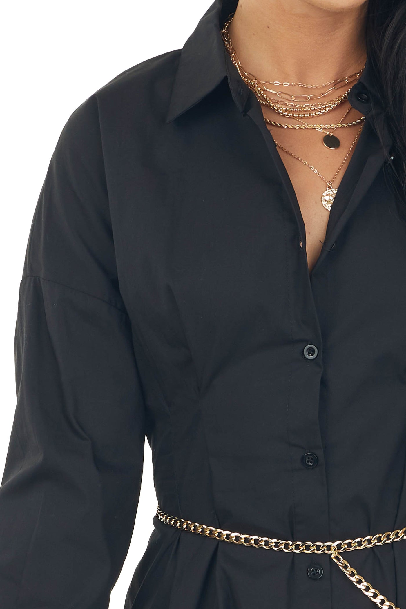 Black Button Up Long Sleeve Collard Mini Dress