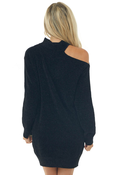 Black Chenille Sweater Dress with Single Cold Shoulder