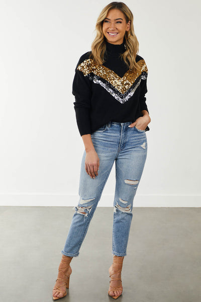 Black Chevron Sequin Mock Neck Sweater