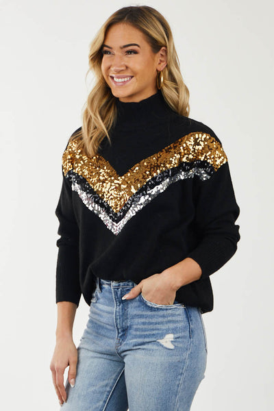 Black Chevron Sequin Mock Neck Sweater