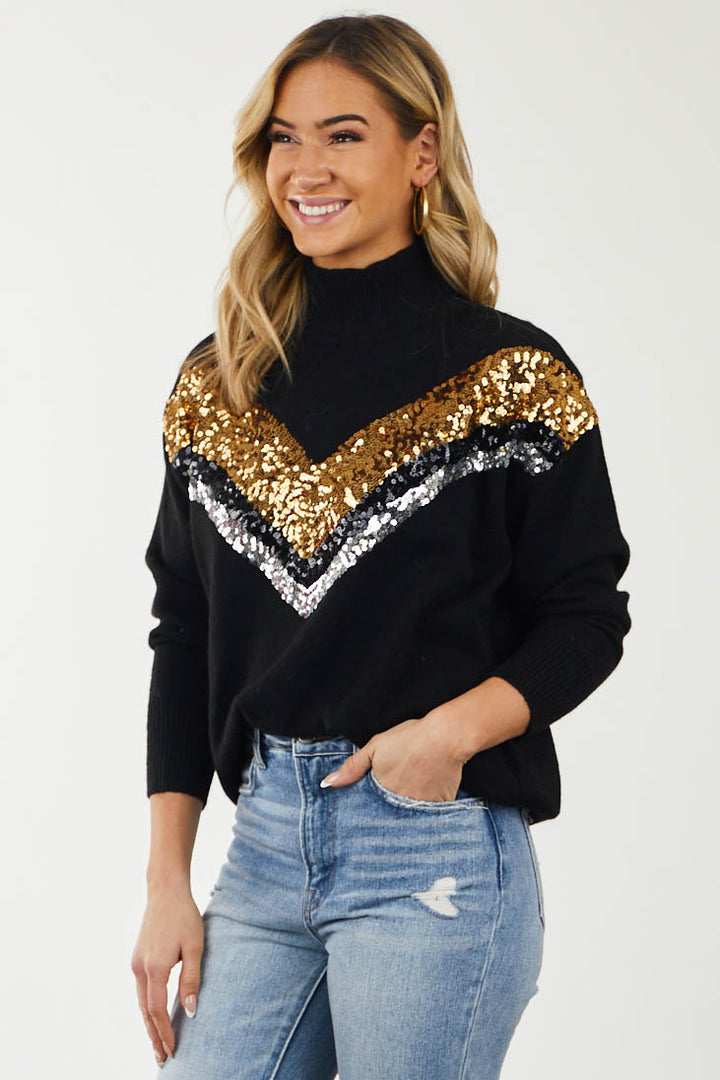 Black Chevron Sequin Mock Neck Sweater