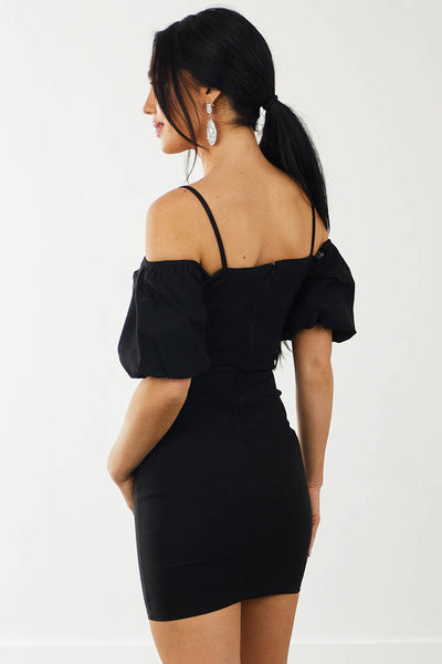 Black Cold Shoulder Puff Sleeve Bodycon Mini Dress