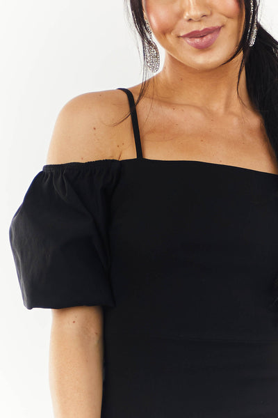 Black Cold Shoulder Puff Sleeve Bodycon Mini Dress