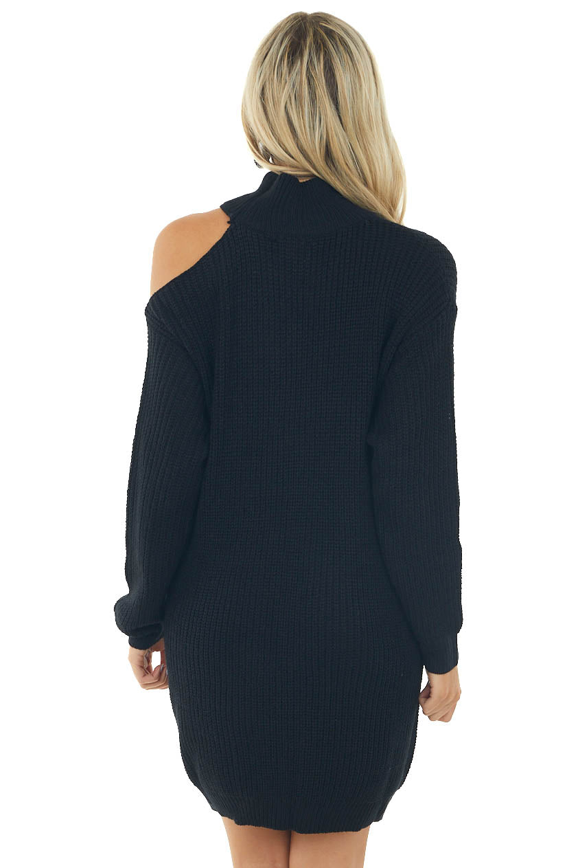 Black Cold Shoulder Ribbed Knit Sweater Mini Dress