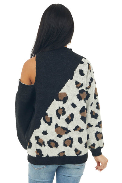 Black Colorblock Leopard Print Knit Sweater