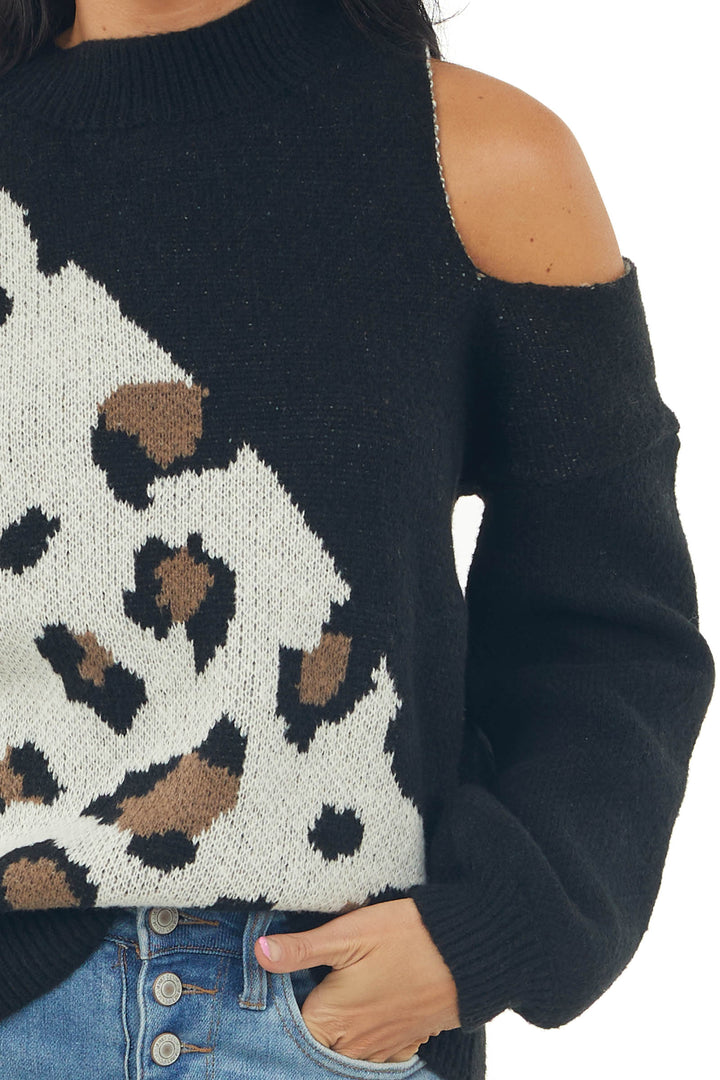 Black Colorblock Leopard Print Knit Sweater