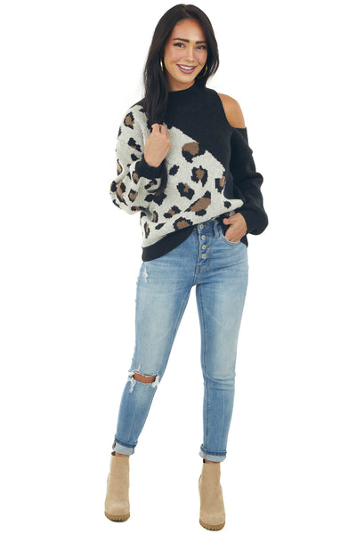 Black Colorblock Leopard Print Knit Sweater