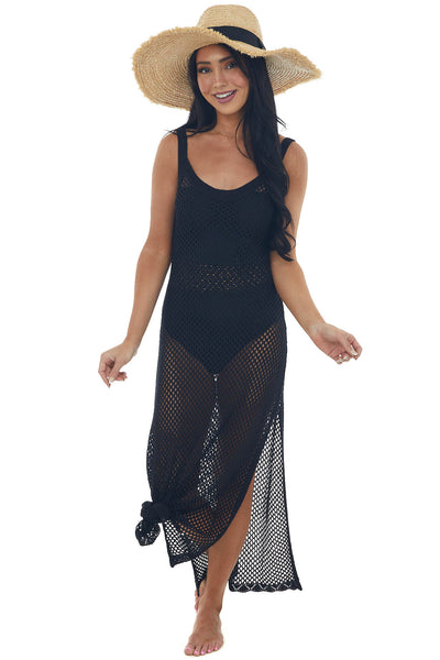 Black Crochet Maxi Dress with Deep Side Slits