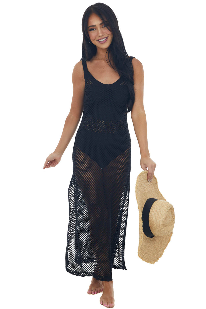 Black Crochet Maxi Dress with Deep Side Slits
