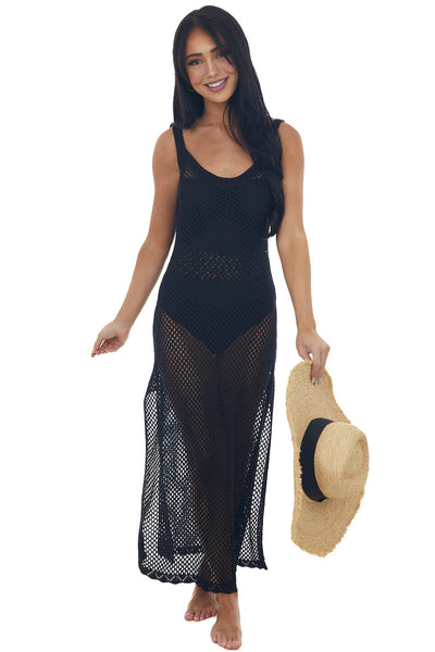 Black Crochet Maxi Dress with Deep Side Slits