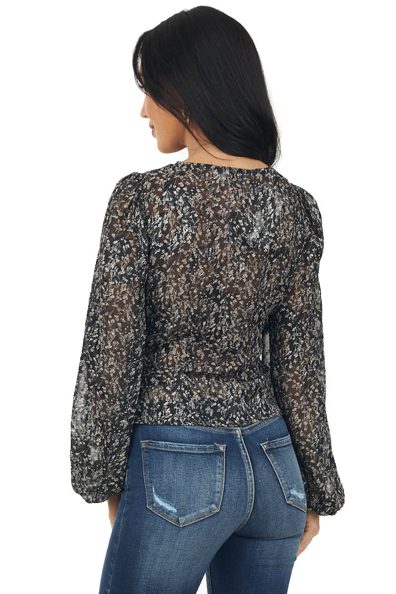 Black Ditsy Floral Print Ruched Front Blouse