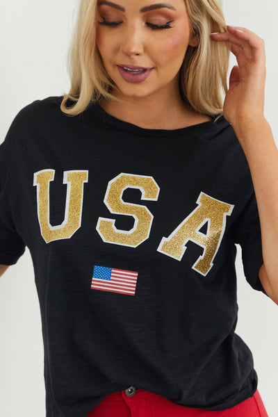 Black Drop Shoulder Glitter USA Graphic Top