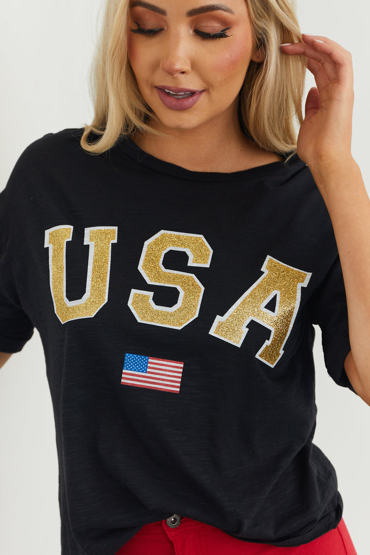 Black Drop Shoulder Glitter USA Graphic Top