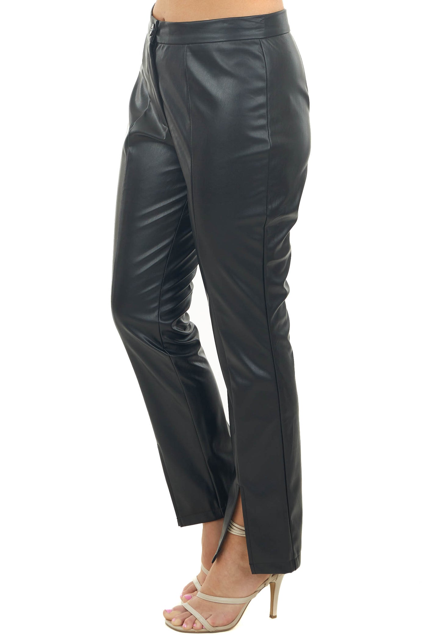 Black Faux Leather Slit Hem Straight Pants