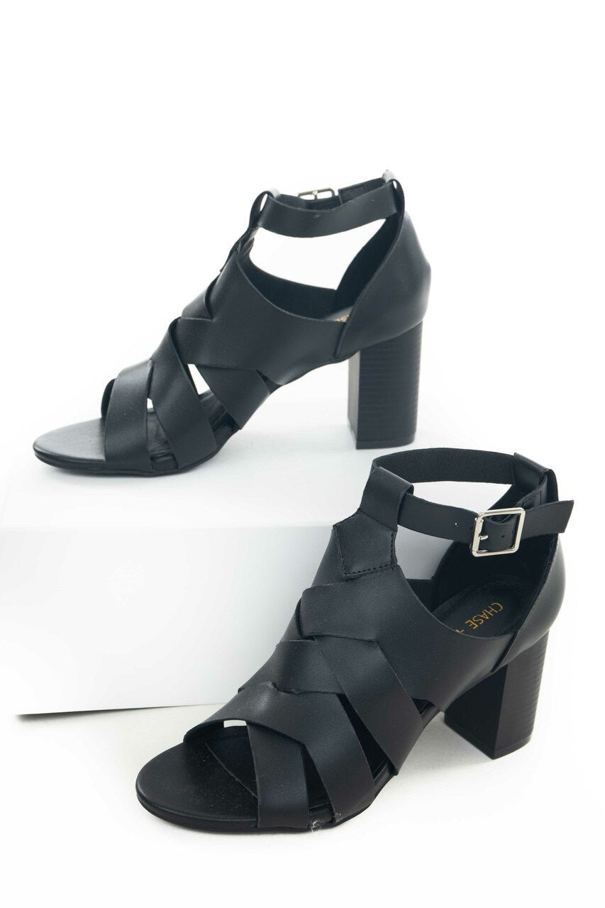 Black Faux Leather Strappy Heeled Sandals 