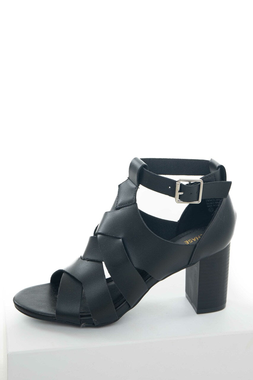 Black Faux Leather Strappy Heeled Sandals 