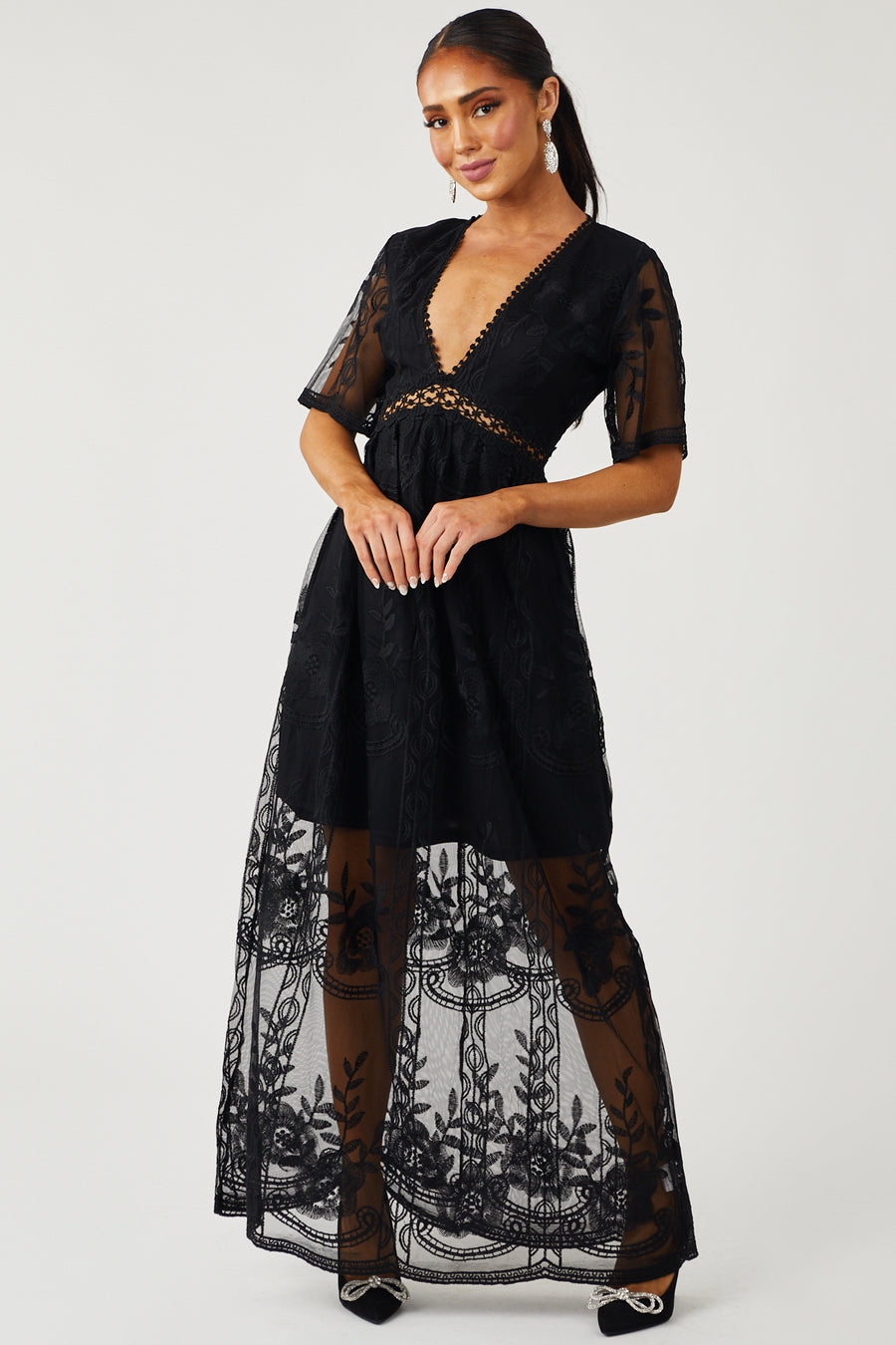 Black Floral Lace Mesh Overlay V Neck Maxi Dress