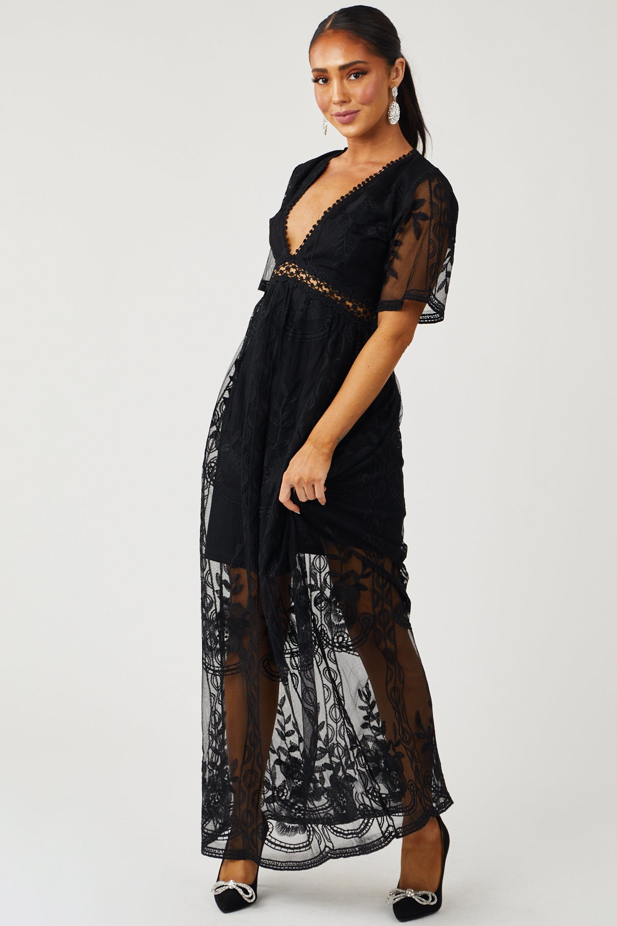 Black Floral Lace Mesh Overlay V Neck Maxi Dress | Lime Lush