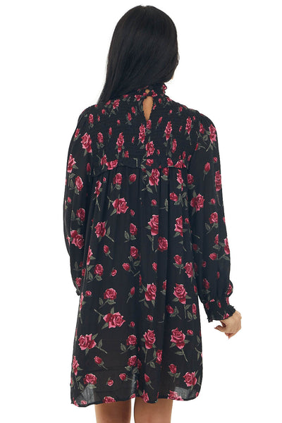 Black Floral Long Sleeve Smocked Short Dress
