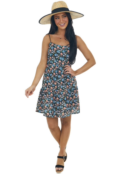 Black Floral Print Sleeveless Short Dress