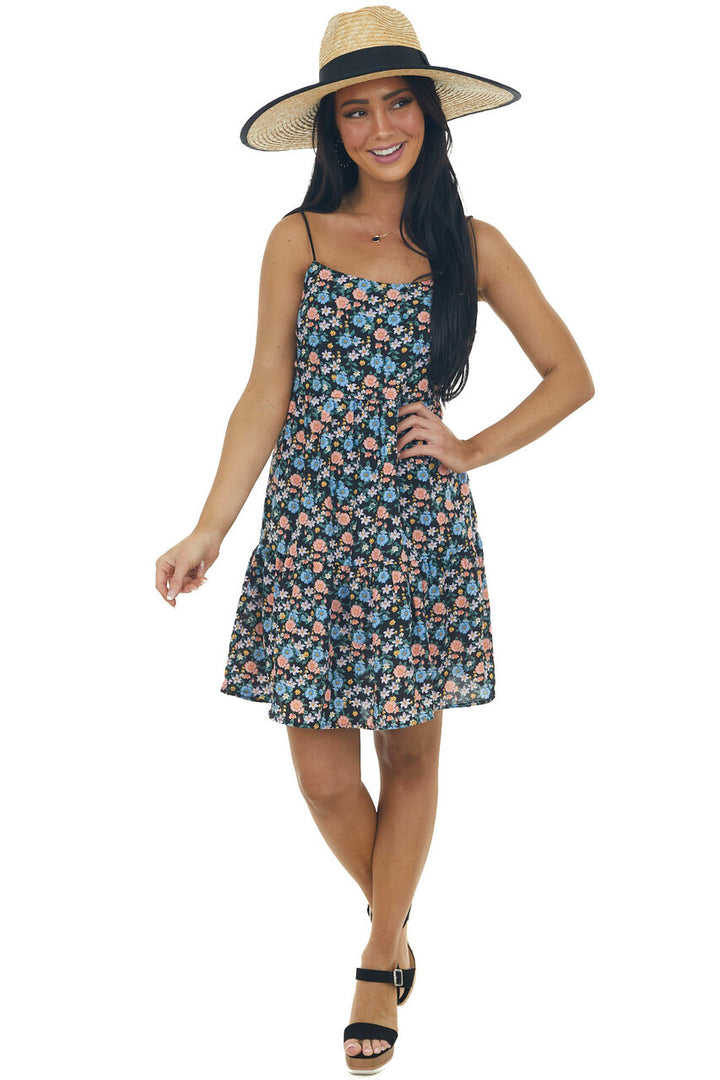 Black Floral Print Sleeveless Short Dress