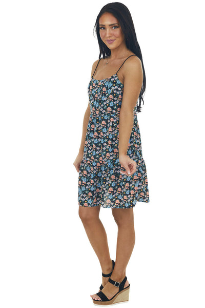 Black Floral Print Sleeveless Short Dress
