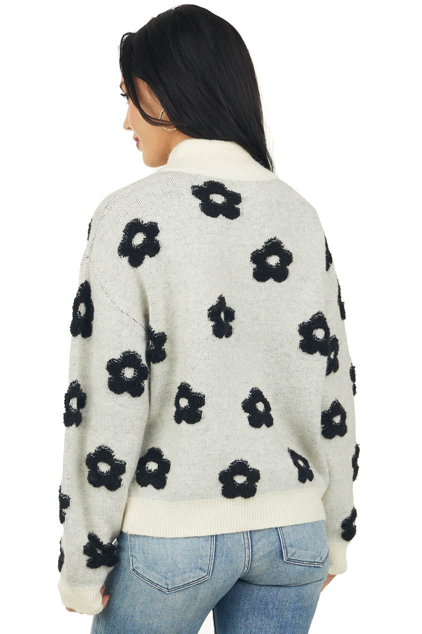 Black Floral Print Zip Up Mock Neckline Sweater