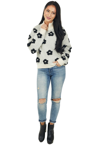 Black Floral Print Zip Up Mock Neckline Sweater