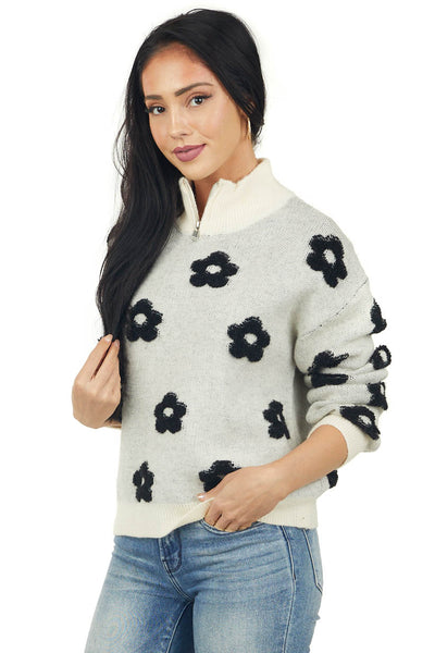 Black Floral Print Zip Up Mock Neckline Sweater
