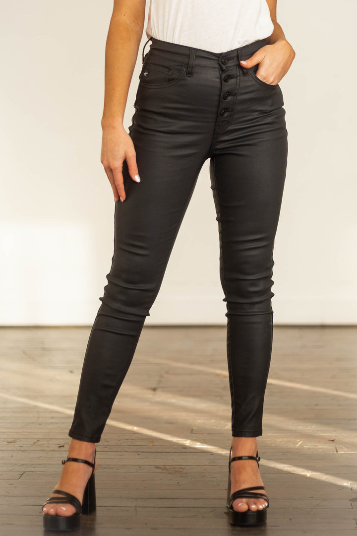 Black High Rise Button Fly Coated Pants