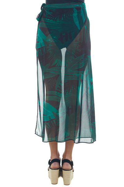 Black Leaf Print Mesh Cover Up Maxi Wrap Skirt