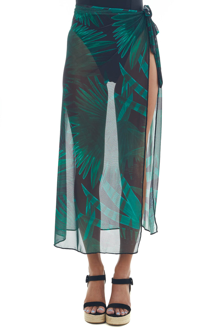 Black Leaf Print Mesh Cover Up Maxi Wrap Skirt