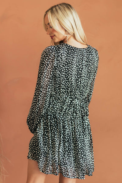 Black Leopard Empire Waist Bubble Sleeve Dress