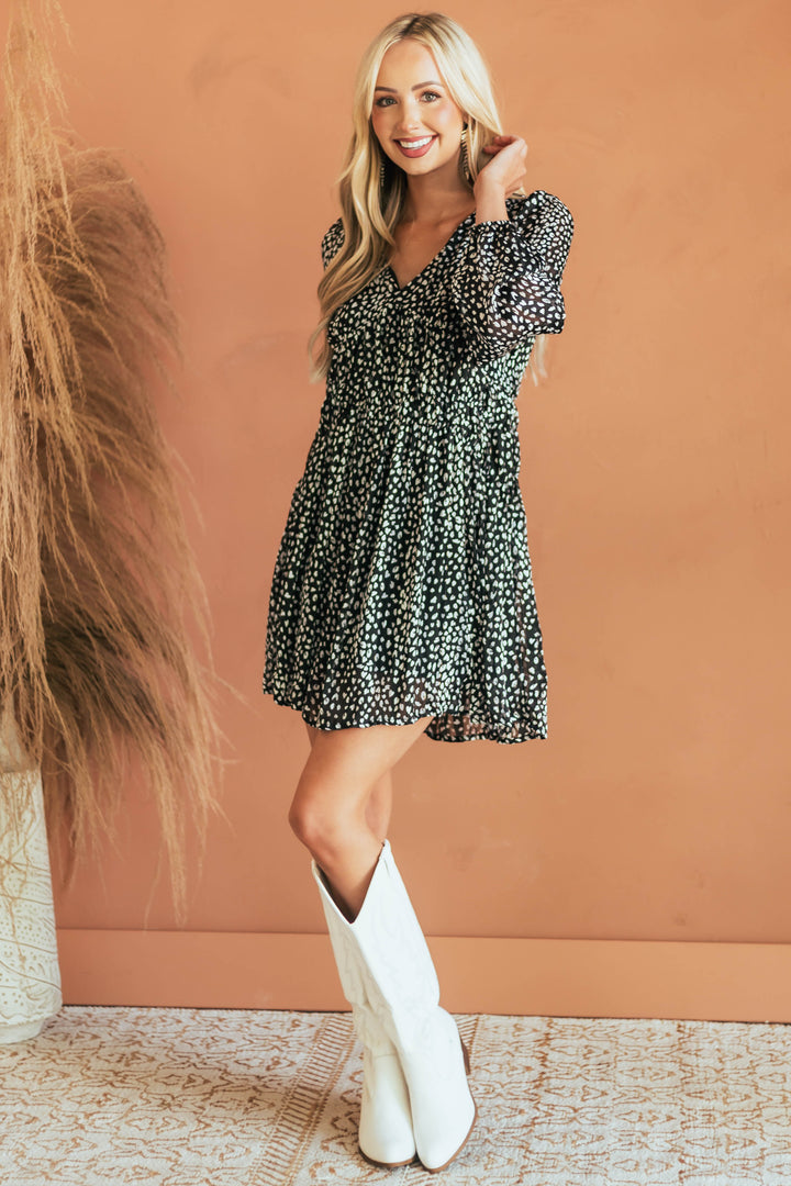 Black Leopard Empire Waist Bubble Sleeve Dress