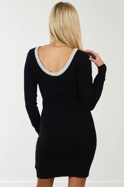 Black Long Sleeve Pearl Neckline Bodycon Short Dress
